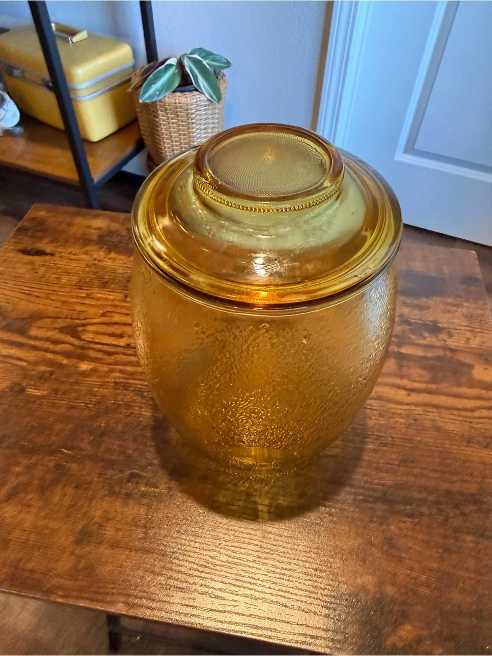 Vintage 1970s Bartlett-Collins Amber Glass Mushroom Cookie Jar Canister with Lid